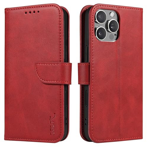 LOLFZ Wallet Case for iPhone 16 Pro 6.3, Vintage Leather Book Case with Card Holder Kickstand Magnetic Closure Flip Case Cover for iPhone 16 Pro - Red