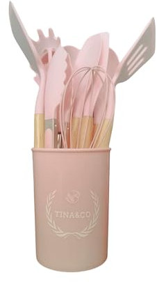 TINA&CO Juego de 12 Utensilios de Cocina de Silicona con Mango de Madera - Kit de Cocina Completo de Menaje, Antihaderente, Resistentes al calor y Duraderos (Rosa)