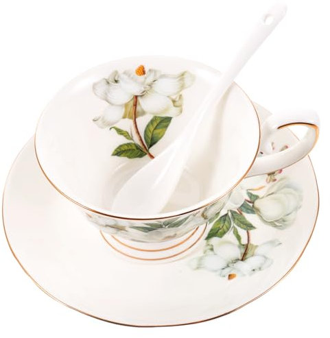 OKUMEYR Set Tazzine Da Caffè Piattino E Cucchiaio in Porcellana Tazza Da Caffè Motivo Camellia Set Da Tavola
