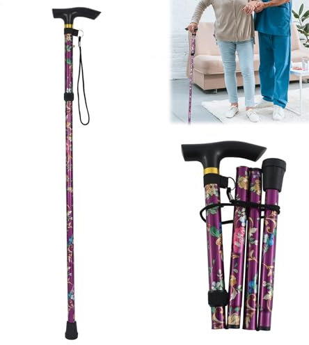 AOMiGT Faltbarer Gehstock Bergstock, Handschlaufe Stock Wandern, Aluminiumlegierung, Lila, 5-Stufig Höhenverstellbar, Leichter Tragbarer Gehstock für Männer und Frauen