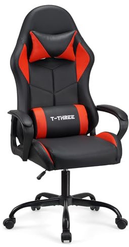 T-THREE.Sedia ergonomica alta per gaming, ufficio, studio, girevole e stile corsa, con supporto lombare e poggiatesta regolabili, 150 kg, ideale per ufficio a casa(Rosso)