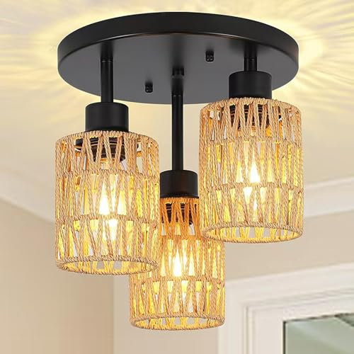 Jadssox 3-Licht-Unterputz-Deckenleuchte, Retro-Rattan-Kronleuchter, Deckenleuchte, Bauernhaus-Pendelleuchte, handgefertigte, deckennahe Lampen aus Ratten für den Flur im Loft-Eingangsbereich
