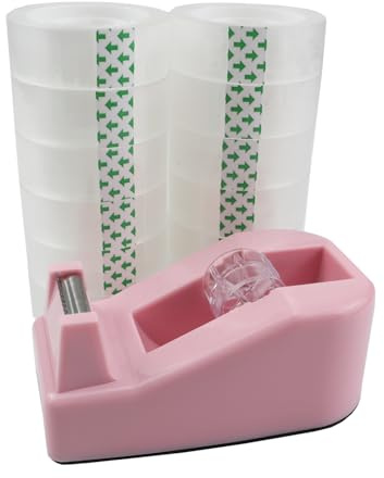 Aacehlh Desktop Tape Dispenser,1 Pack Pink Tape Dispensers with 12Rolls Transparent Tape, for Packaging in Office,Restaurant, Flower Shop,Cake Shop (Pink)