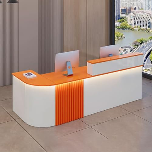 GUQASDV Empfangstheke Tresen Rezeption, Reception Desk Salon, Reception Table, Bürotheke Reception Tisch mit Stauraum für Schönheitssalons(White+orange,140x60x100cm)