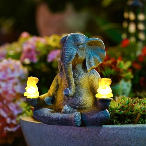 Tuzsocr Elefanten Deko mit Solarlampen, Yoga Elefant Gartendekoration, Meditation Elefantenstatue LED Lichter, Sitzen im Freien Frosch Figur Lichter, Wetterfest,für Rasen,Geschenke für Frauen (Stil 1)