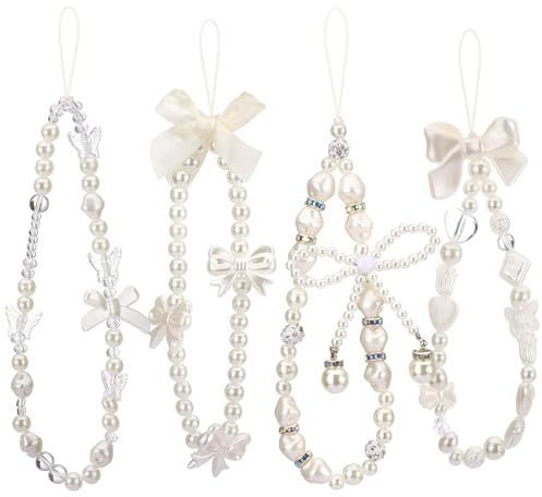 Calkkrer 4 Stück Beaded Handy Kette Weiß, Stilvolle Handy Anhänger Mit Faux Pearl Und Acryl Perlen, Strapazierfähige Handykette Für Handgelenk