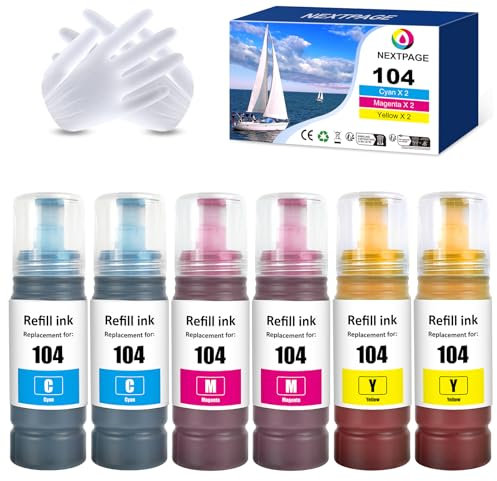 Nextpage 104 Tinte Multipack 104 Tintenflasche Cyan Gelb Magenta Kompatibel für Epson EcoTank ET2720 Et2820 ET-2710 ET‑2711 ET-2712 ET-2714 ET-2715 ET-2720 ET-2726 ET-2810 ET-2811 ET-2812 (6Pcs)