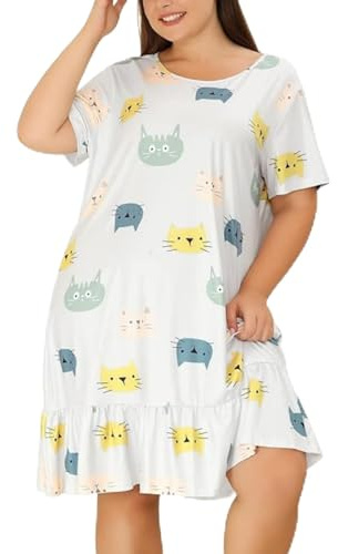 BOTCAM Women Plus Size Nightdress Short Sleeve Comfortable Cat Sleep Dress Pajamas Ladies Nicki, White, 5XL