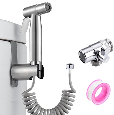 Handbrause Bad Bidet Edelstahl Waschen Duschkopf Bidetaufsatz Sprühset mit Dual Modus (Jet/Stream) mit Federschlauch Haken Toilette Adapte (G1/2 & G3/8) für Tägliche Körperhygiene und Badreinigung