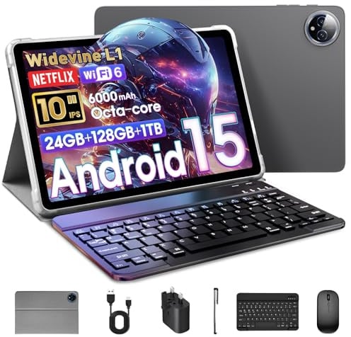 Raemond 2026 10 Pouces Android 15 Tablette avec Clavier, 24GB RAM + 128GB ROM (TF 1To), T615 Octa-Core, 1280x800 écran IPS HD,WiFi 6, BT 5.4, 5MP+8MP Double caméra 6000mAh (Gris)