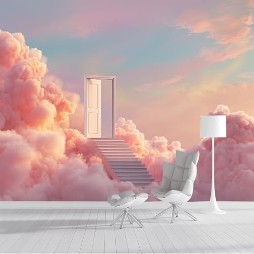 DLERFLOVR Papel Pintado Panorámico Nubes De Escalera 200x140cm Fotomurales Puerta Del Cielo XXL Papel Tapiz Seda Decoración De Pared para Comedores, Salones, Habitaciones, Rosa
