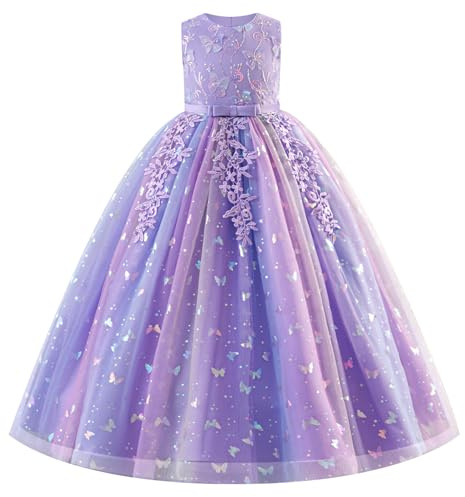 EFOGEP Partykleid Mädchen, Prinzessinnen-Tüllkleid mit Pailletten | Festliches Mädchenkleid mit floraler Spitzenstickerei und mehrlagigem Tüll – für Hochzeit, Geburtstag und Festzug