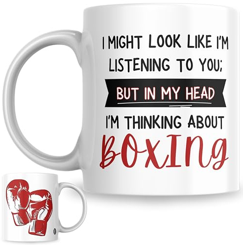 Boxing Gift Mug | I Might Look Like I’m Listening to You But in My Head I’m Thinking About Boxing | Funny Sports Coffee Cup for Boxer, Coach, or Gym Fan (Red Gloves)