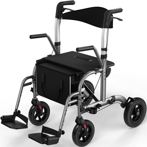 Rollator mit Sitz, 2-in-1 4-Rad Rollator & Transportstuhl, 136 kg Belastbarkeit, 8 Vorder- & 10 Hinterräder aus TPU, Doppelbremssystem, faltbares Design, höhenverstellbar, mit Einkaufstasche – Grau