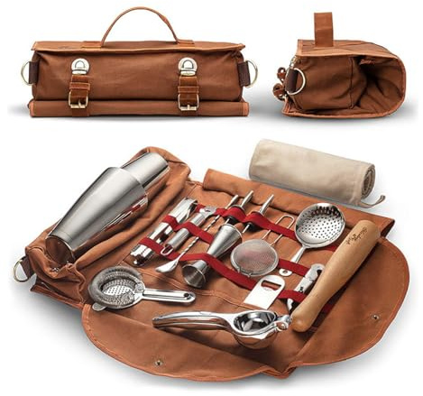 Bibykivn Reise Bartender Tasche Ohne Zubehör für Barkeeper, Partys und Camping - Tragbare Gewachste Canvas-Bar-Kit-Tasche mit Schultergurt, Kein Cocktailwerkzeug Enthalten (Braun)