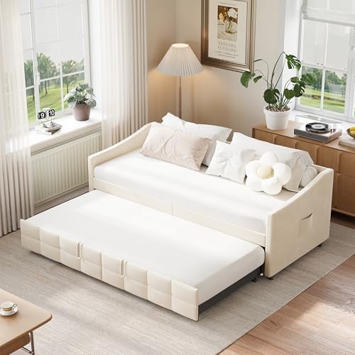 Xnferty Schlafsofa für 2-Sitzer, gepolstertes Schlafsofa 90/180 x 200 cm mit Ausziehbett, Lattenrost für Wohnzimmer, Schlafzimmer, ausziehbar, Samt-Stoff, ohne Matratze (Beige, 90/180 x 200)