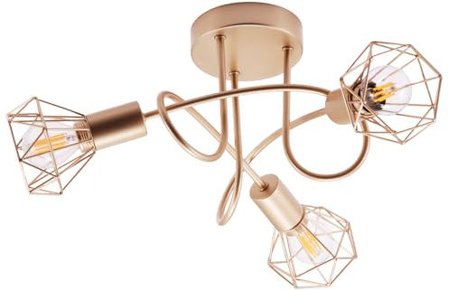 Champagne Satin Gold Ceiling Light Fitting with Twisting Arms and Three Cage Designer Shades |3 x 7w E14 | 25cm x 50cm