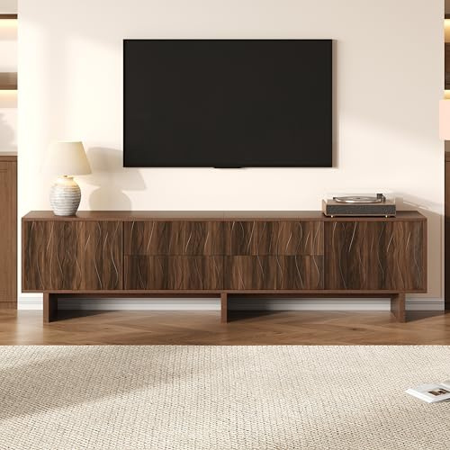 Merax TV Lowboard 180 cm TV Schrank mit 4 Schubladen & 2 Türen, Fernsehschrank Holzoptik Nussbaum Dunkel, Sideboard Lowboard Wohnzimmer Wellenförmiges Design, TV Möbel für bis 75 Zoll