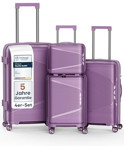 4FLY Leichter Hartschalen-Reisekoffer Set 4-teilig, Koffer Set mit TSA-Schloss, Doppelreißverschluss, Doppelrollen & Aluminium-Teleskopgriff, Reisegepäck Set - Beauty Case, Handgepäck & Aufgabegepäck