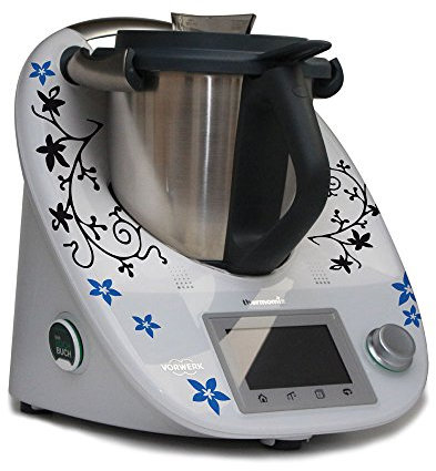 Aufkleber für den Thermomix TM5 & TM6 - Ranke mit Blumen schwarz matt hellblau