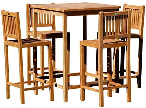 ALEOS. XL BAR-Set - Teak Bartisch Bistrotisch Stehtisch 80x80cm mit 4X Barhocker Holz Modell: JAV-BIMA-SET80+4