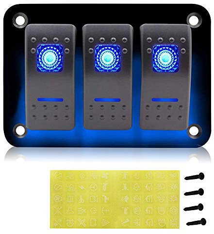 Geloo 12V/24V Pannello interruttore universale a 3Gang, 5 Pin Precablato Pannello in Alluminio LED Blu retroilluminato per Barca, Auto e Camper