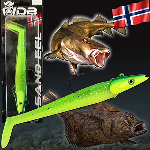 Wild Devil Baits Sand EEL Sandaal Meeres Shad Gummifisch (Green Flash, 90g)