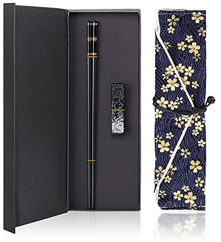 Youda Essstäbchen Wiederverwendbare Japanische Essstäbchen aus Glasfaserlegierung mit Halter und Tragetasche, 1 Paar Geschenkset