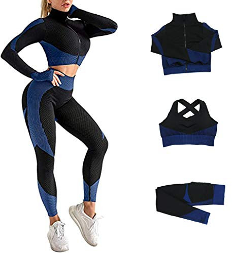 Veriliss Damen 3teiliger Gym Trainingsanzug Nahtlose Laufbekleidung Fitness Kleidung Jogginganzug Reißverschluss Kapuzen Fitness Jogging Tennis Laufen (SchwarzBlau,L)