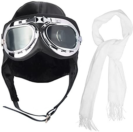Keymall Fliegermütze mit Brille Kostüm Zubehör Pilotenkappe Bomber Hut Weißer Schal für Herren Damen Teenager Erwachsene