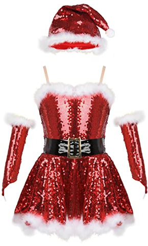 renvena Mädchen Weihnachtskleid Pailletten Partykleid Glänzend Ballett Tanzkleid Eiskunstlauf Kleid + Weihnachtsmütze + Handschuhe Rot 164