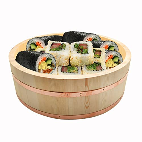 WSHA Round Sushi Rice Cooling Bowl/Tub with Copper Band, Wood Hangiri Sushi Oke Rice Mixing Tub for Making Sushi and Mixed Sushi Rice,60cm