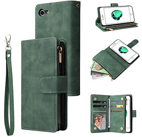 QLTYPRI Case for iPhone 7/8/SE 2020/SE 2022 5G, Large Capacity Leather Wallet Case 6 Card Holder & 1 Zipper Pocket Kickstand Wrist Strap Magnetic Case for iPhone SE 2022/SE 2020/8/7 - Dark Green