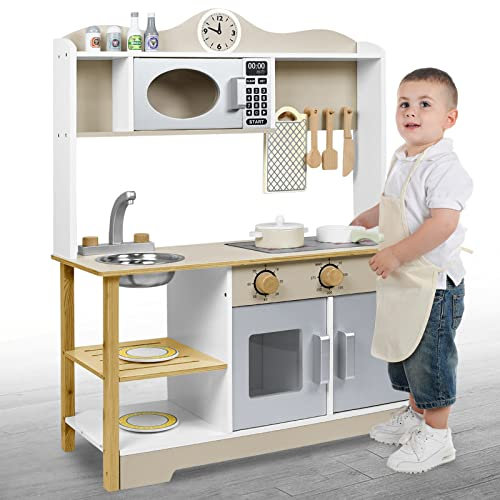 NAIZY Cuisine Enfants Cuisiniere en Bois Dinettes à Jouer 85x65x24cm Chef Jeu de rôle avec des Accessoires tels Que Micro-Ondes, Four, évier, ustensiles de Cuisine et épices Cuisine Jouet Bricolage
