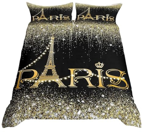 Homewish Black Golden Paris Bedding Set King For Women,Girly Glitter Eiffel Tower Duvet Cover For Valentine'S Day Gift,Gradient Diamond Comforter Cover Sparkles Sequins Quilt Cover With 2 Pillow Sham
