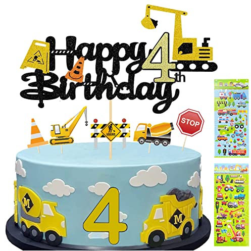 Tortendeko Bagger Cake Topper für 4. Geburtstag Junge - 13 Stück Deko + 2 Bagger Sticker für Kinder