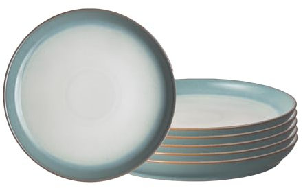 Denby - Azure Haze Coupe Salad Plates Set of 6-8.25 Inch - Dishwasher Microwave Oven Safe - Lunch, Dessert Plates - Reactive Blue Teal Glaze Ceramic Stoneware Dinnerware - Scratch Chip Resistant