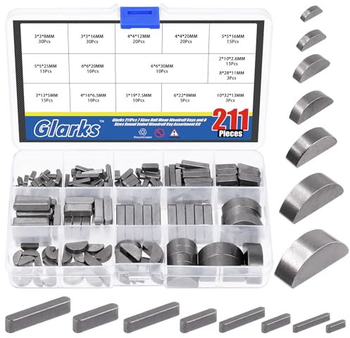 GLARKS 211Pcs Woodruff Key & Round Ended Feather Key Assortment Kit, 15 Sizes, Silver, Carbon Steel, Lock Set, Fastening Keys