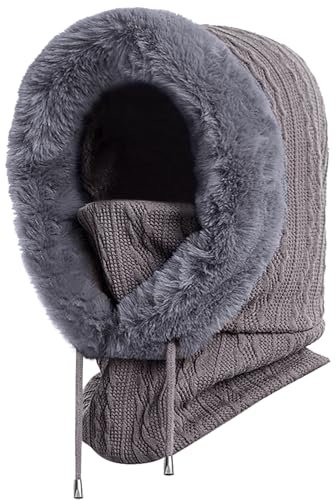 XYIYI Grau Damen Stricken Beanie Warmer Fleece Kapuzenschal Winter Balaclava Pullover Gestrickte Mütze Maske Set mit Kordelzug