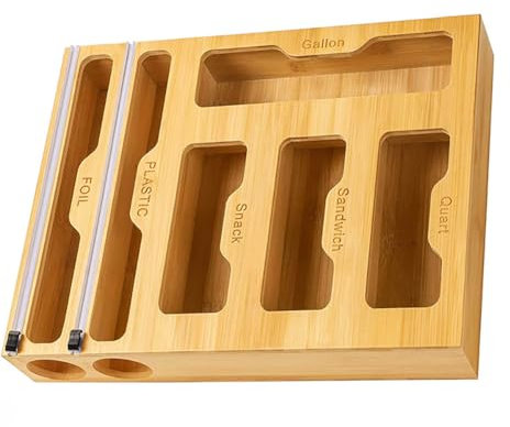 EFLALYHG Bambus-Frischhaltefolienschneider, Organizer für 6 und 1 Reißverschlusstaschen, Kunststoffverpackungsspender mit Messer, Holzkiste mit unterteilten Einkaufstütenboxen