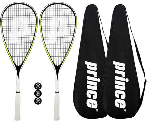 Prince Team 400 & 450 Squashschläger Twin Set Serie, inkl. Squashschlägerhüllen in voller Länge und 3 Squashbällen (Team Rebel 450)
