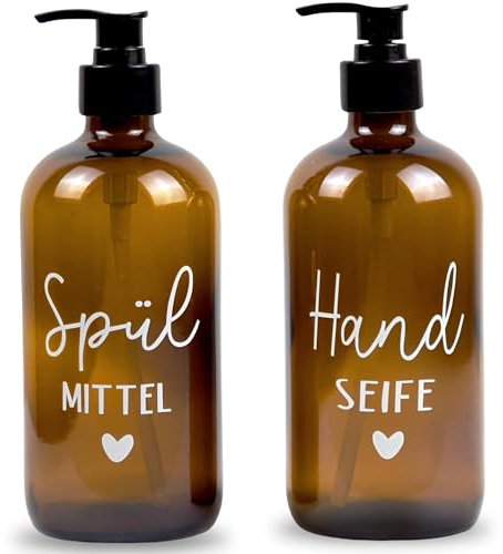 Glas Seifenspender 500ml - Schwarzer Pumpspender, Spülmittelspender für Küche. Handseifenspender für Badezimmer (Spülmittel + Handseife)