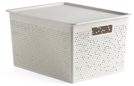 TATAY Set of 20L Rectangular Organiser Box and Lid Bohol, Polypropylene, BPA Free, 100% Recycled Plastic, Colour White. Measures 30.5 x 39.5 x 22 cm