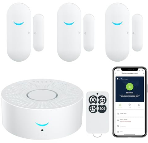 Chatthen Sistemas de alarma para el hogar, alarma antirrobo para ventana, control remoto inteligente Tua, WiFi + receptor RF, compatible con 200 accesorios (1 receptor, sensor de 3 puertas y 1 mando a