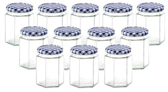 Lucenté 12PC Glass Jam Jars Preserve Pots Pickle Jars with Airtight Blue Gingham Screw Top Lids - 280ml