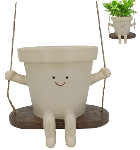 Veesper Swinging Plant Pot, Hanging Planter 4 Inch Swing Hanging Plant Holder Plant Swing Pot Smile Face Cute Plant Pots with Rope Indoor Plants Succulent Pots Sitting Sway Pots