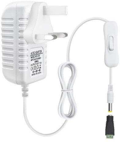 12V 1A 12W LED Strip Power Supply with Switch, White AC/DC Switching Power Adapter, 230V to 12V Wall Wart Transformer for LED Strip 5.5/2.1 DC Female Barrel Connector to Screw Adapter