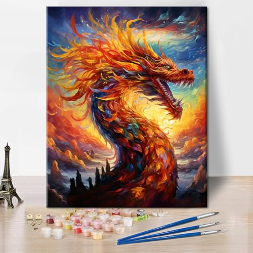 TISHIRON Drachen Malen nach Zahlen für Erwachsene Anfänger, mythische Tiere Malen nach Zahlen Fantasy DIY Acrylmalerei Kits Kinder Malen nach Zahlen Kits Kunst für Erwachsene, 16 x20 Zoll