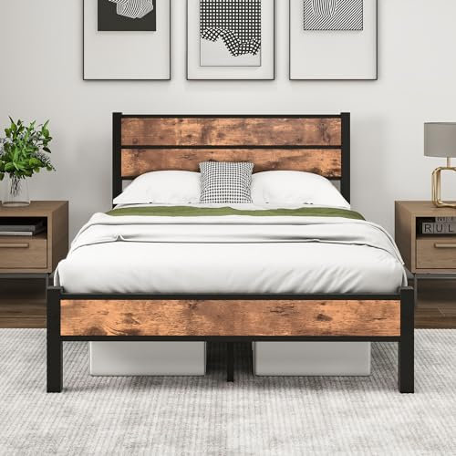 HOMERECOMMEND Metallbett 120x200 Bettgestell mit Lattenrost mit Holz Kopfteil und Fußteil Heavy Duty Metall Plattform Bettrahmen Bettgestell 120 x 200 cm,Schwarz+Braun