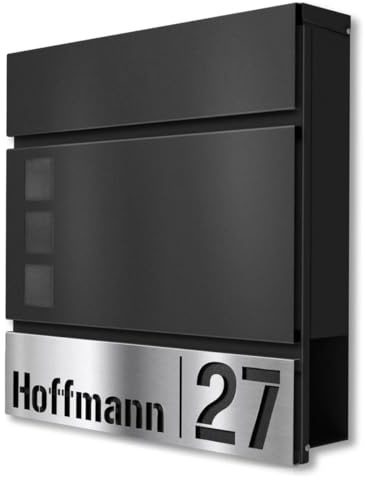Metzler® Briefkasten mit Edelstahl-Namensschild und integriertem Zeitungsfach in RAL 9005 Schwarz – rostfrei, inklusive Montageset – 37×37×10,5 cm, A4-tauglich, personalisierbar
